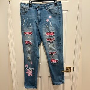 Evaless Jeans Be Kind Pink Animal Print Cherry Blossom Distressed Jeans